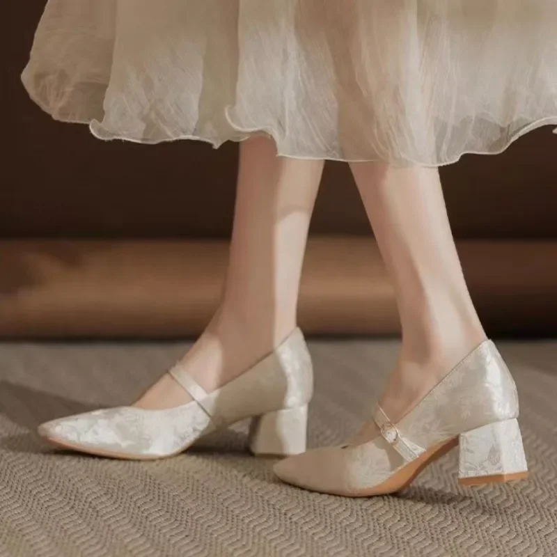 

2025 High Quality Mary Janes Square Toe Buckle with 7cm/5cm Elegant Thick Heel Shoes