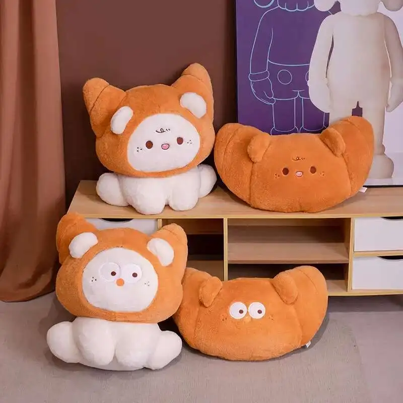 Almohada de felpa de pan Croissant de gato Kawaii, muñeco de peluche de comida bonita, oso Croissant divertido y suave, juguete para regalo de animales de peluche