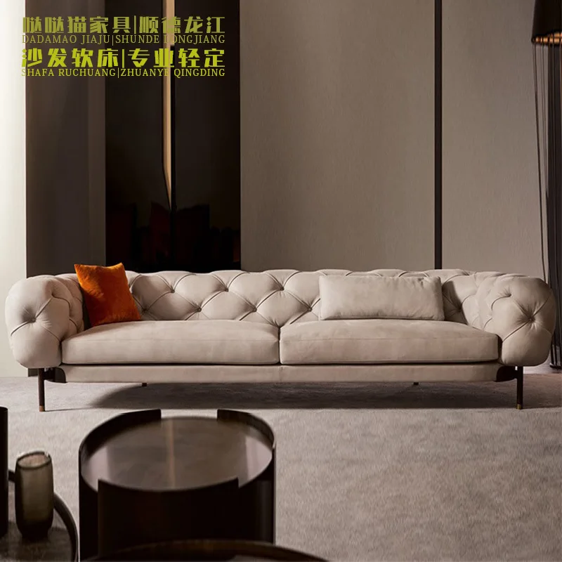 

American Light Luxury Matte Leather Sofa Living Room Small Apartment Designer Retro Three Or Four High-foot Buckle Sofa
