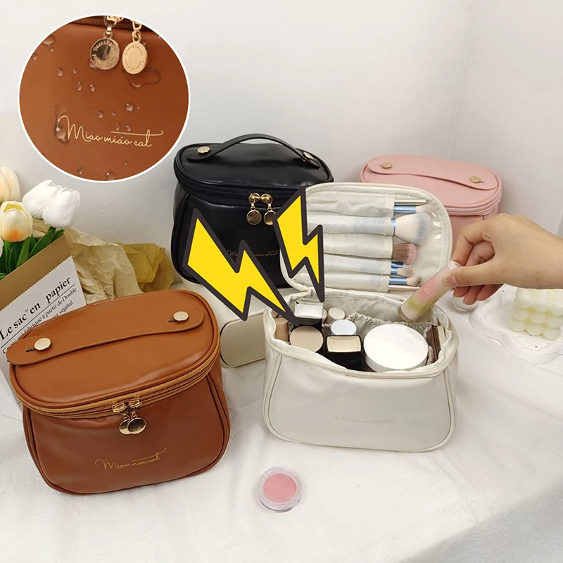 Bolsa de maquillaje multifuncional de cuero PU para mujer, bolsa de almacenamiento portátil de gran capacidad con doble cremallera para brochas de maquillaje, artículos de tocador