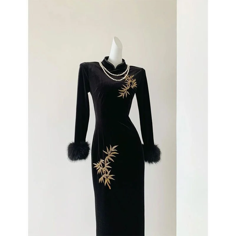 

Женское черное платье-ципао в китайском стиле, очень большого размера (до 300 фунтов), с длинными рукавами, элегантное, осенне-зимнее, модное, новинка