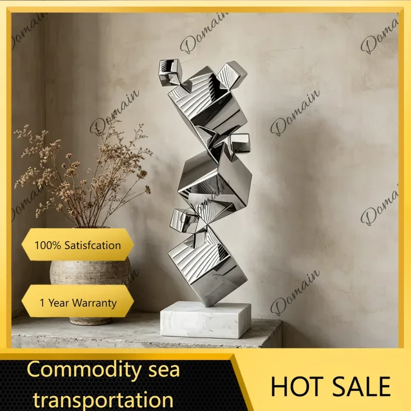 Stainless Steel Water Ripple Cube Geometry Mirror Creative Model Decor for Hotel Office Porch Home Shop