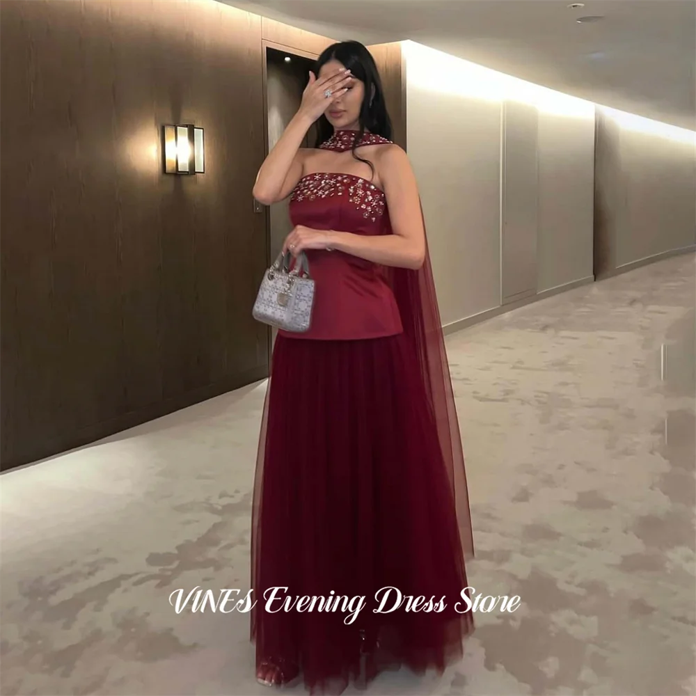 

VINES Burgundy Formal Gown Strapless Draped Neck Scarf Prom Dresses with Crystal A Line Evening Dress Modern Style Customized