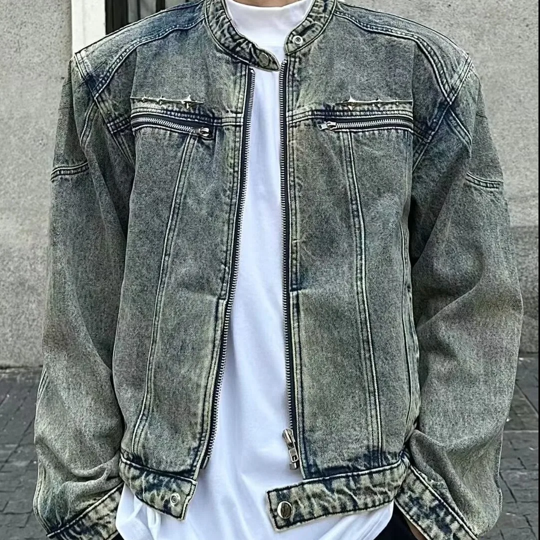 American Vintage Washed Cropped Denim Jacket, Metal Collarless Jacket For Men