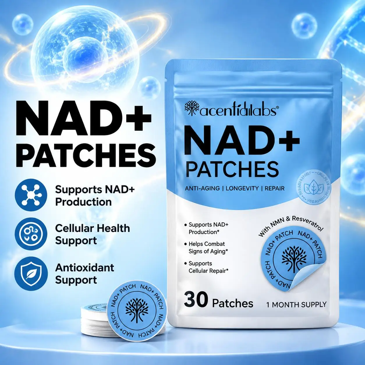 NAD+ Patches Supports NAD+ Production Healthy Aging Cellular Repair Antioxidant NMN Resveratrol NAC Cordyceps Hericium 30Patches