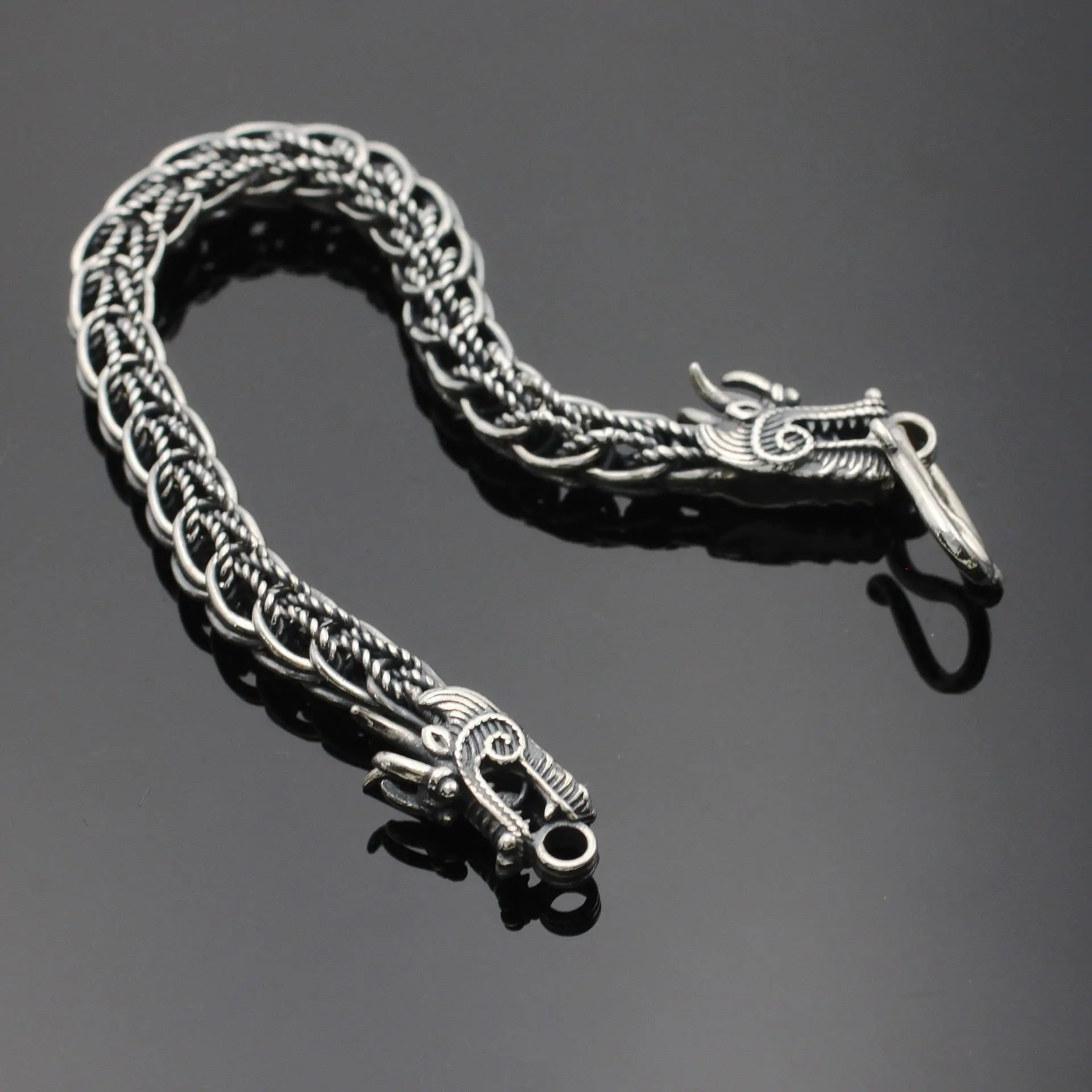 Real 925 Sterling Silver Bracelet Women Men 8mm Dragon Head Vintage Crafts Twist Weave Link Bracelets 20cm Length