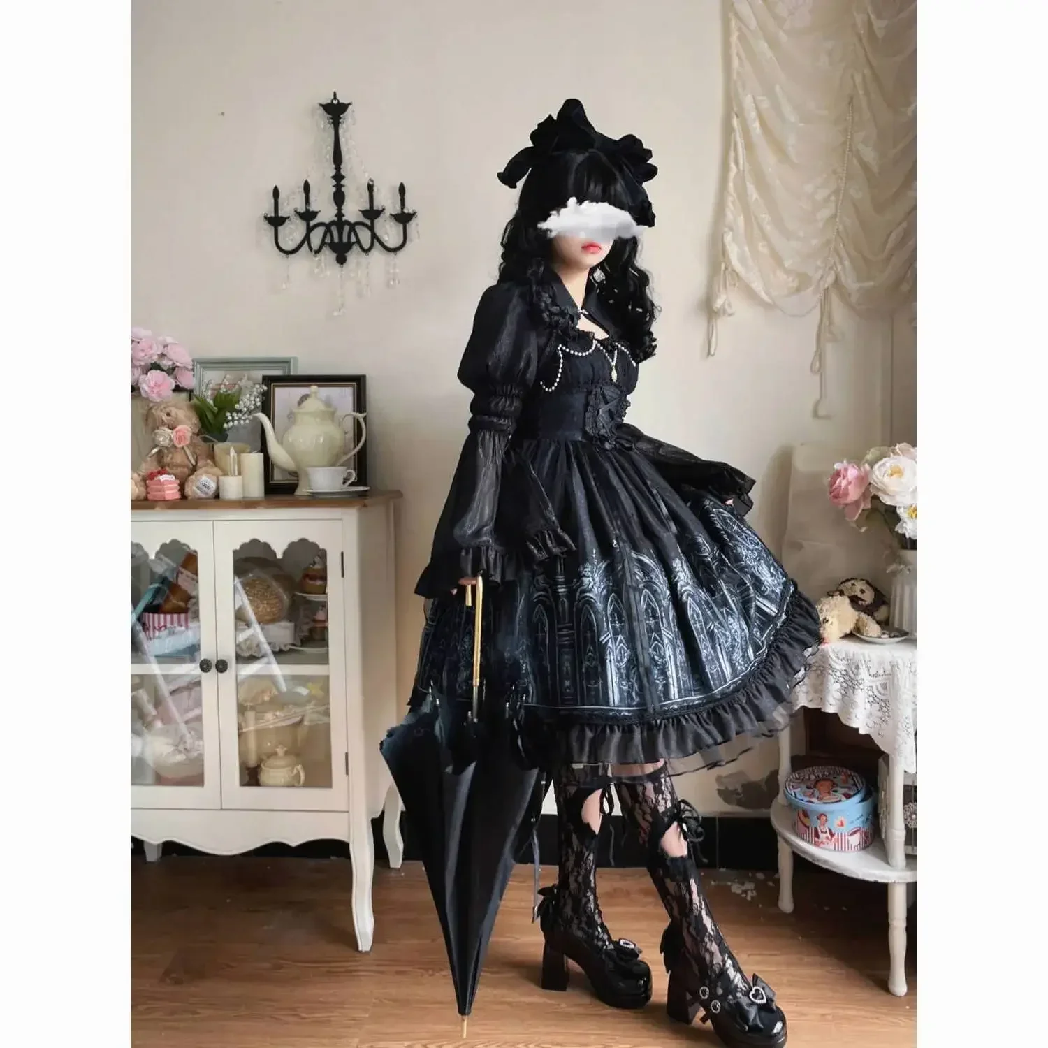 

Japanese Lolita Gothic Dress Women Victorian Printed Long Sleeve Lace Vintage Dress With Shawl Harajuku Punk Party Evening Dress