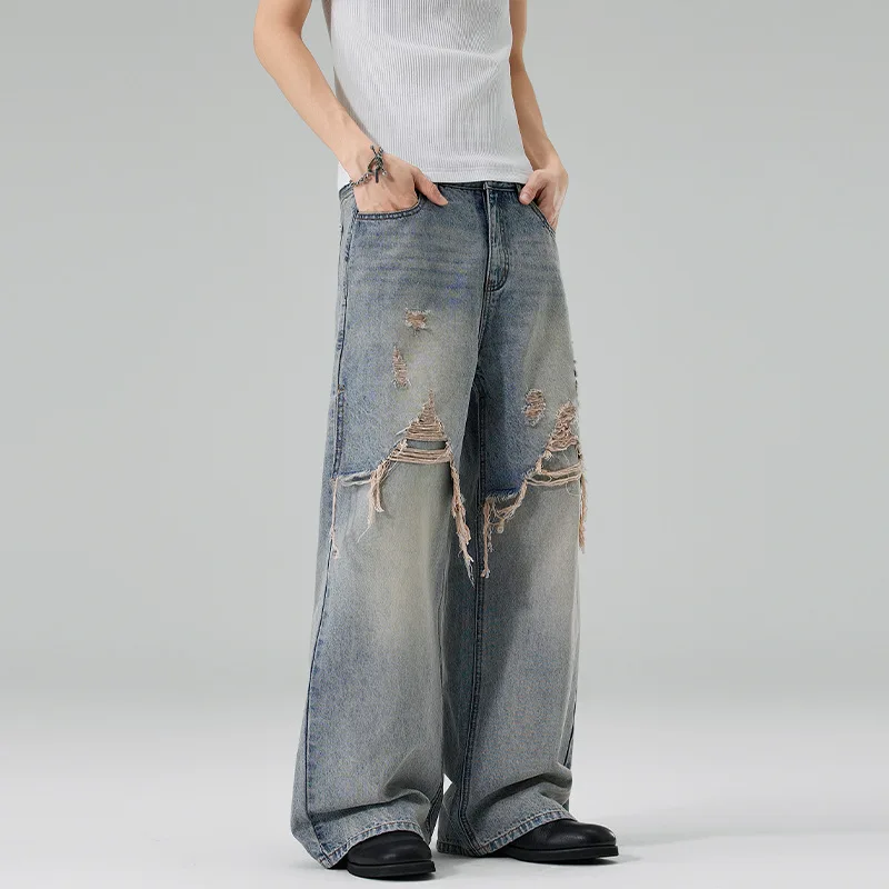 

American Men's Spliced Hole Patched Loose Straight Wide Leg Casual Trendy Daily Denim Trousers Male Fashion Clothes Jeans Pants