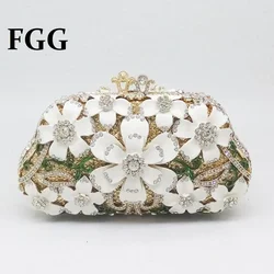 Boutique De FGG (in stock) Super Mini Women Flower Evening Minaudiere Bags Bridal White Crystal Clutch Handbags Wedding Purse