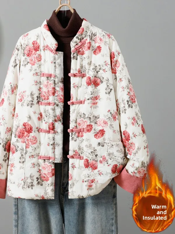 

Thiened Floral Print Stand Collar Cotton Jaet Women's Autumn Winter New Sle Retro Chinese Button Cotton Coat Warmth