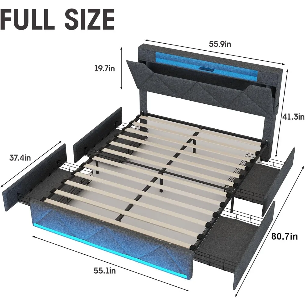 Bed Frame, Queen, with Storage Headboard and 4 Drawers, Charging Station and LED Lights, No Springs Required, Platform Bed Frame