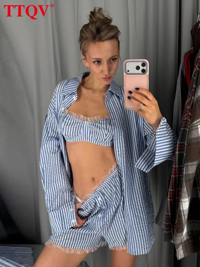 

TTQV Fashion Loose Blue Stripe 2 Pieces Set For Woman Elegant Long Sleeve Shirt + Bra With High Waist Shorts Set Female Clothing