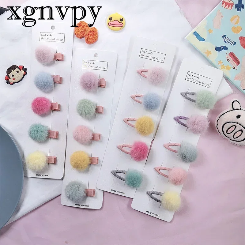 xgnvpy 5pcs/set Cute Girls Hairpins Small Lovely Soft Fur Pompom Mini Ball Hair Clips Children Headwear Kids Hair Accessories