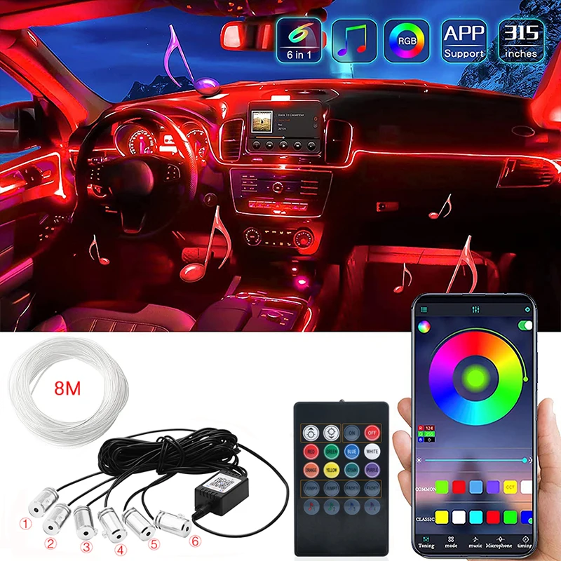 Car LED Light Strip RGB Interior Ambient Light With Bluetooth APP/Remote Control Fiber Optic EL Wire Strip Atmosphere Neon Light