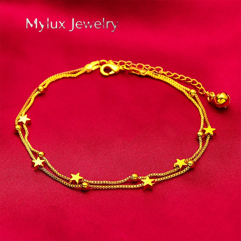 Mylux Jewelry Star & Bell Anklet for Women, 24K Gold, AU999 | Polished stars & jingling bells on adjustable chain, playful for s