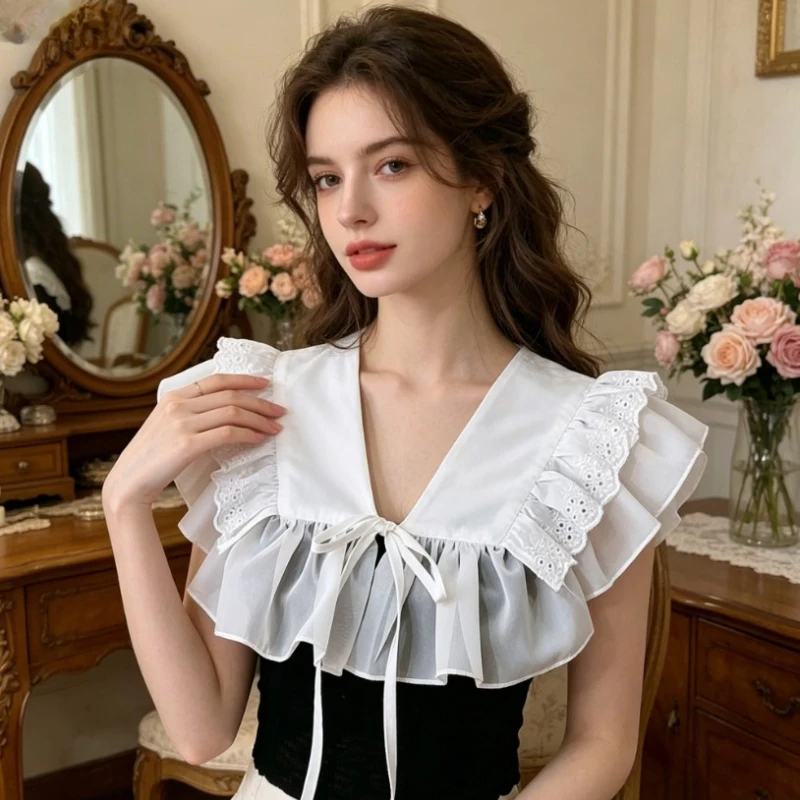 Daily Commute Literary Style Double Layer Ruffle Detachable Collar Big Lapel Fake Shawl Collar Outfit Accessory