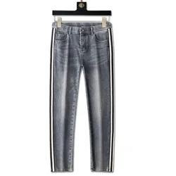 Light luxury autumn and winter thick wash jeans men's small feet straight tube trend side webbing high-end casual men's pants