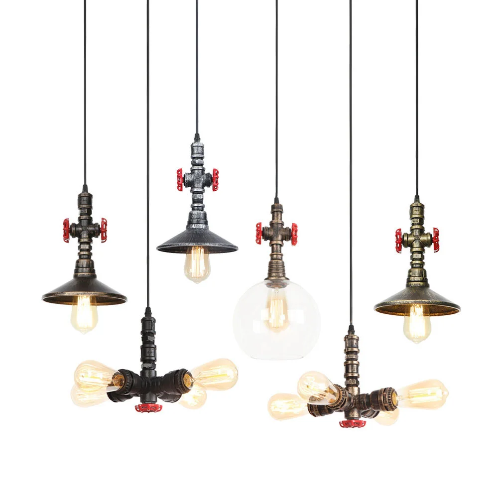 

Loft Industrial Iron Glass Water Pipe Steam Punk Vintage Pendant Lamp Cord E27 Led Cafe Chandelier Lights Bar Restaurant Kitchen