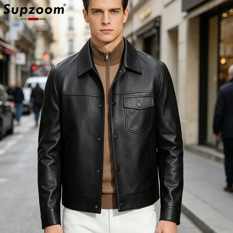 Supzoom New Arrival Top Fashion Men Casual PU Leather Single Breasted Cotton Solid Turn-down Collar Short Bomber Jacket
