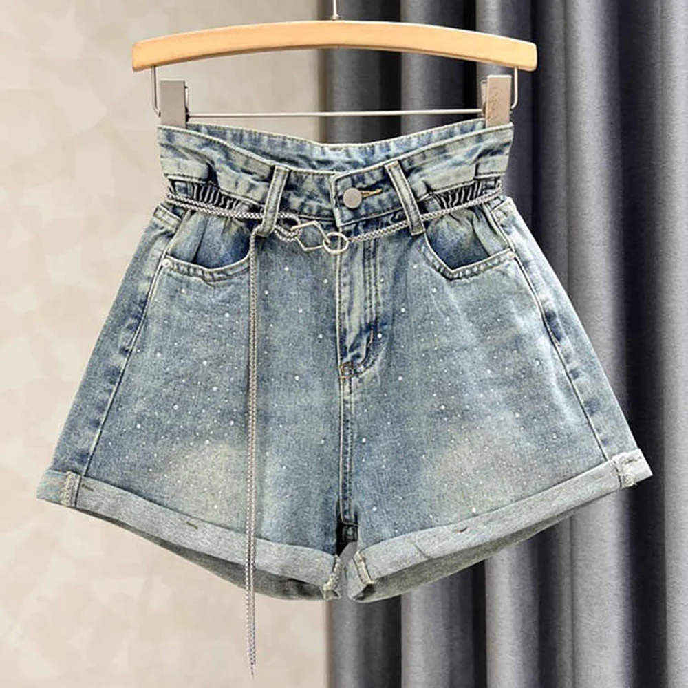 

Rivet Diamond Denim Shorts for Women Summer 2025 Fashion High Waist A-line Shorts Jeans Casual Curled Edge Wide Leg Hot Pants