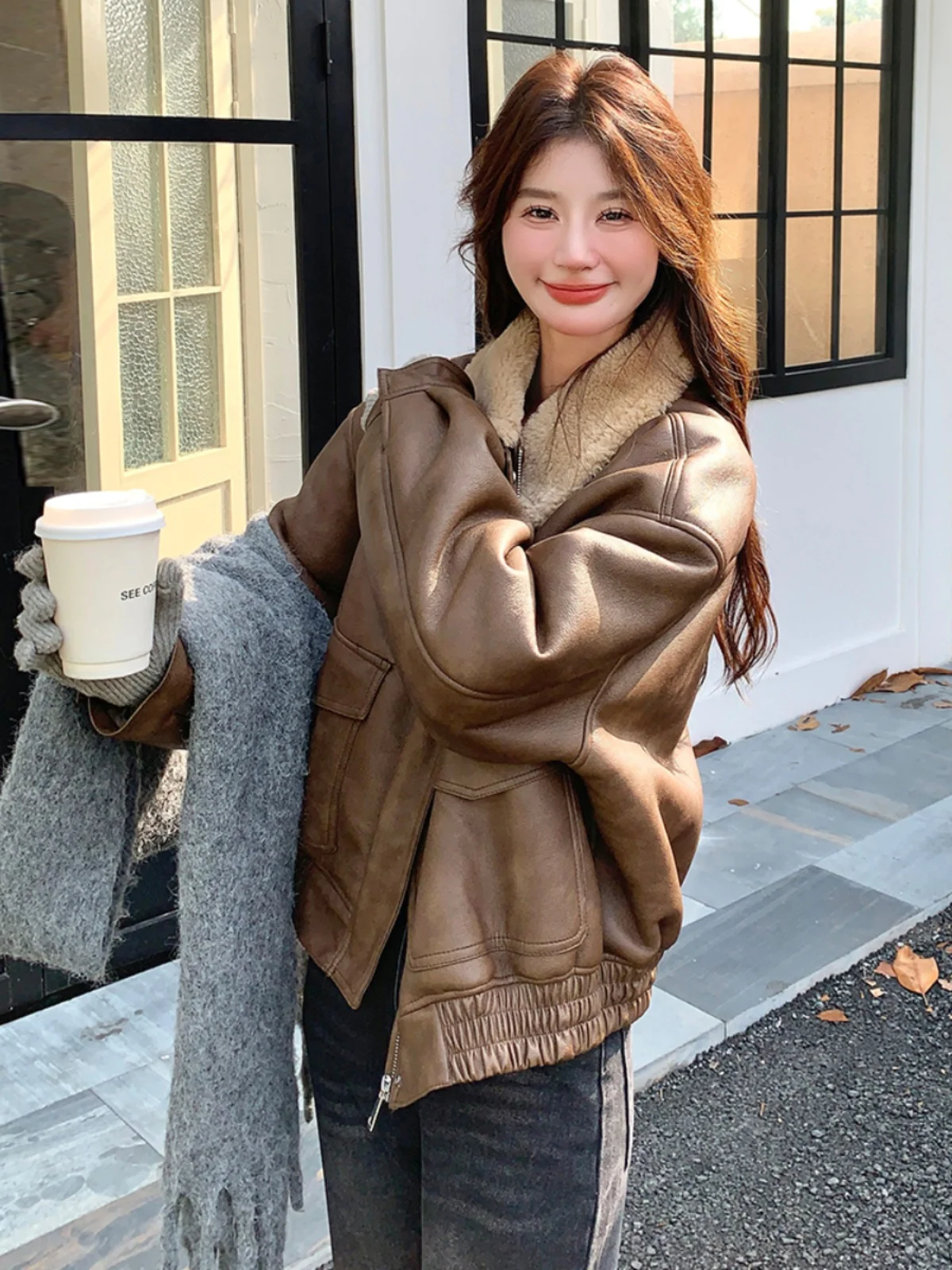 Cálido Thiened Piel marrón Jaet mujer invierno Fce forrado motocicleta Sle eepskin abrigo de cuero calle fresco dulce