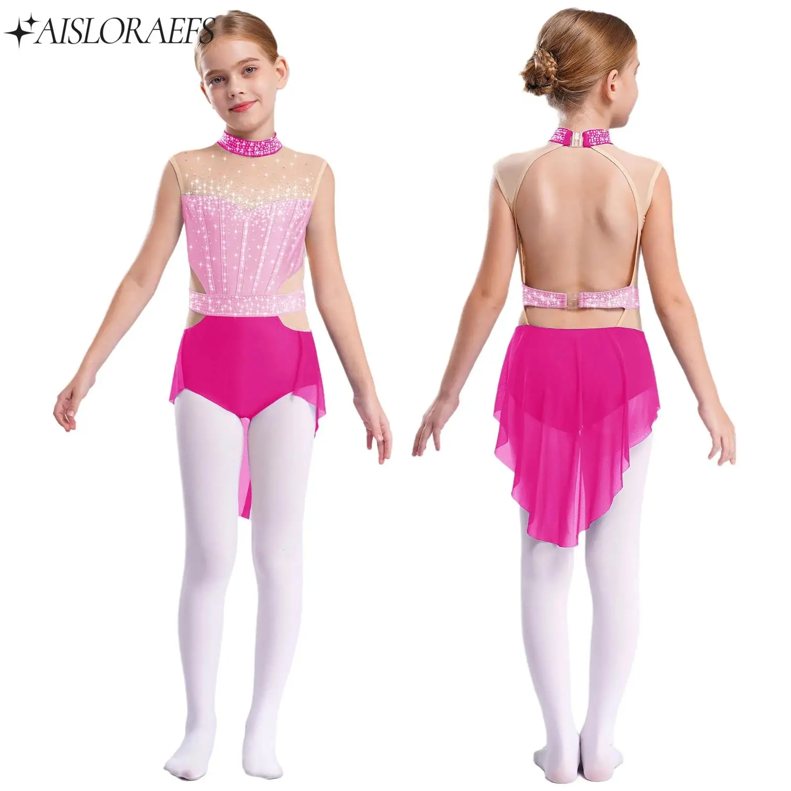 

Kids Ballet Lyrical Dance Dress Girl Modern Contemporary Costume Rhinestone Sleeveless Leotard for Figure Ice Skating Gymnastics