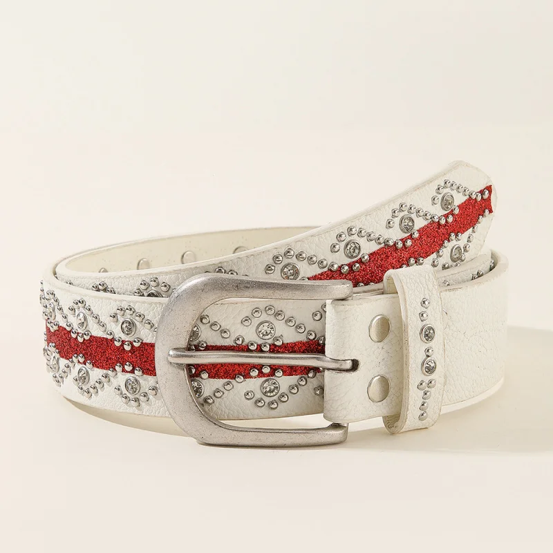 New Fashion Rivet Patch Leather Belt for Women, European and American Retro Belt with Pin Buckle, Inlaid with Rhinestones, Trend