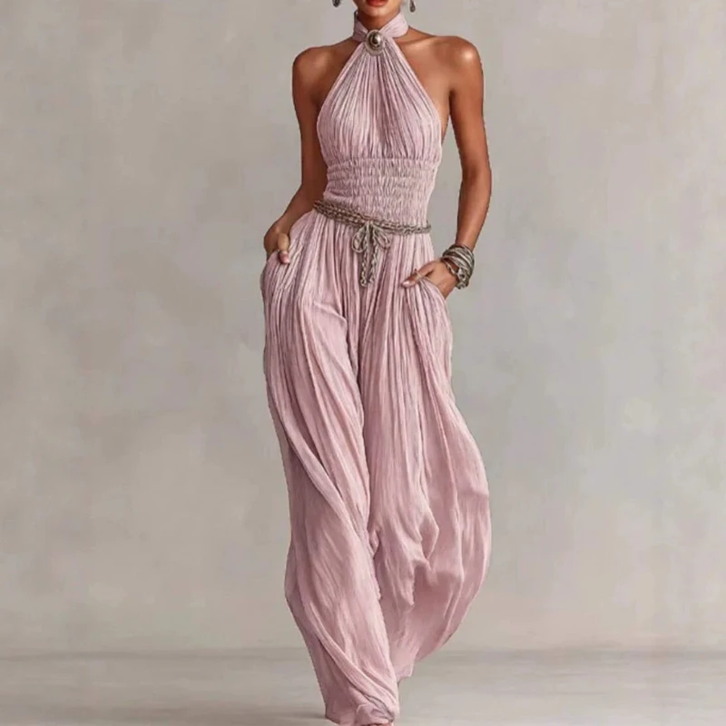 Fashion Solid Backless Sleeveless Romper Sexy Hanging Neck Off Shoulder Vacation Jumpsuit Lady Elegant Pleated Wide Leg Bodysuit