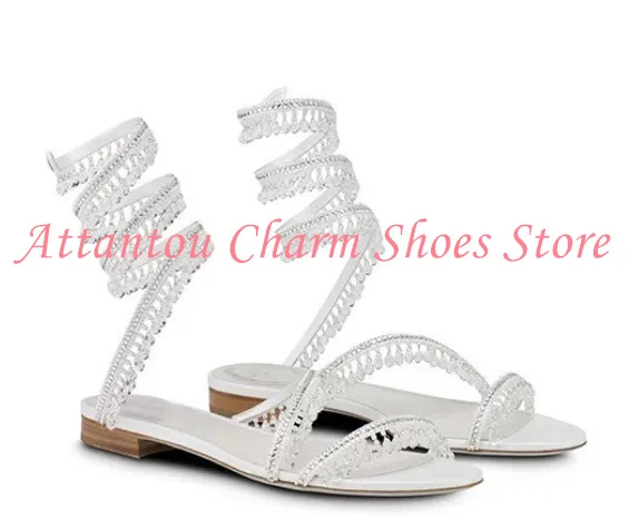 Bling Bling Crystal Snake Strap Woman Flat Sandals Fashion String Beads Rhinestone Lady Casual Sandals Shoes Sexy Dress Shoes view 5