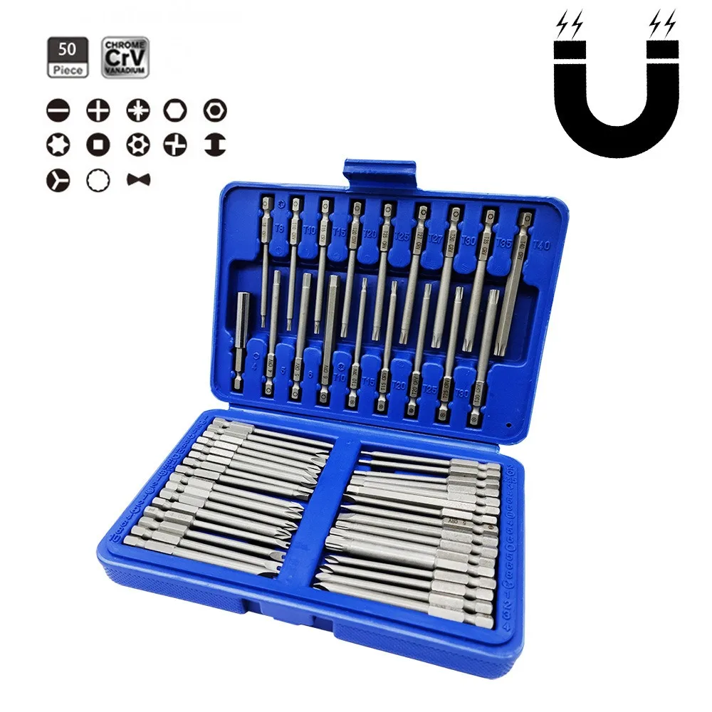 Extra longa chave de fenda Bits Set, CR-V, Hex ,Phillips,Torx, entalhado, 75mm Comprimento, Conjunto de ferramentas manuais, 50 Pcs