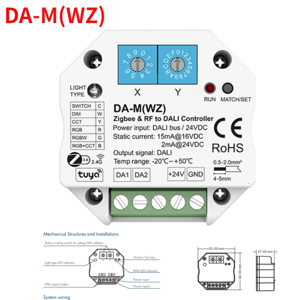 Zigbee-rf to daliコンバータコントローラー、DA-M wz、tuyaアプリ、philps Hueコントロール、シングルカラー、cct、rgb、rgbw、rgb cctランプ、6in 1