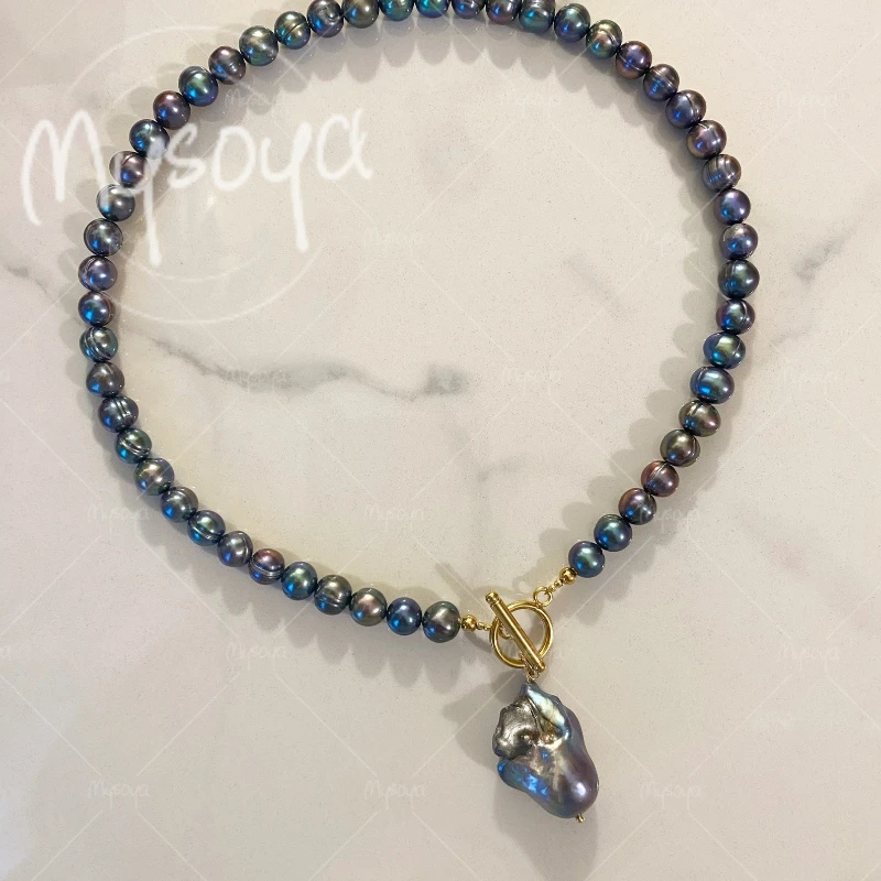 MYSOYA 6-7mm & 11-13mm Black Freshwater Pearl Baroque Pearl Pendant Necklace for Birthday/Wedding/Mother's Day Gift A0889
