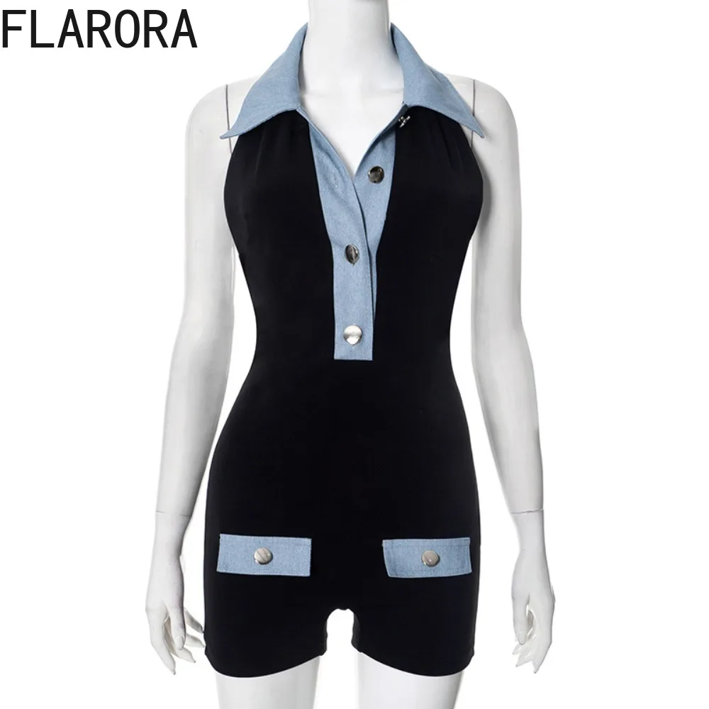 FLARORA สีดำ DENIM PATCHWORK Bodycon Rompers ผู้หญิงเชือกแขวนคอแขนกุดชุดเพลย์สูทชิ้นเดียวฤดูร้อนใหม่สตรีทชุดเอี๊ยม
