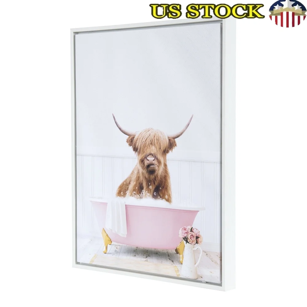 

Charming Highland Cow Framed Canvas Artwork Cute Wall Art Bathroom Gift Idea Cute Animal Decor
