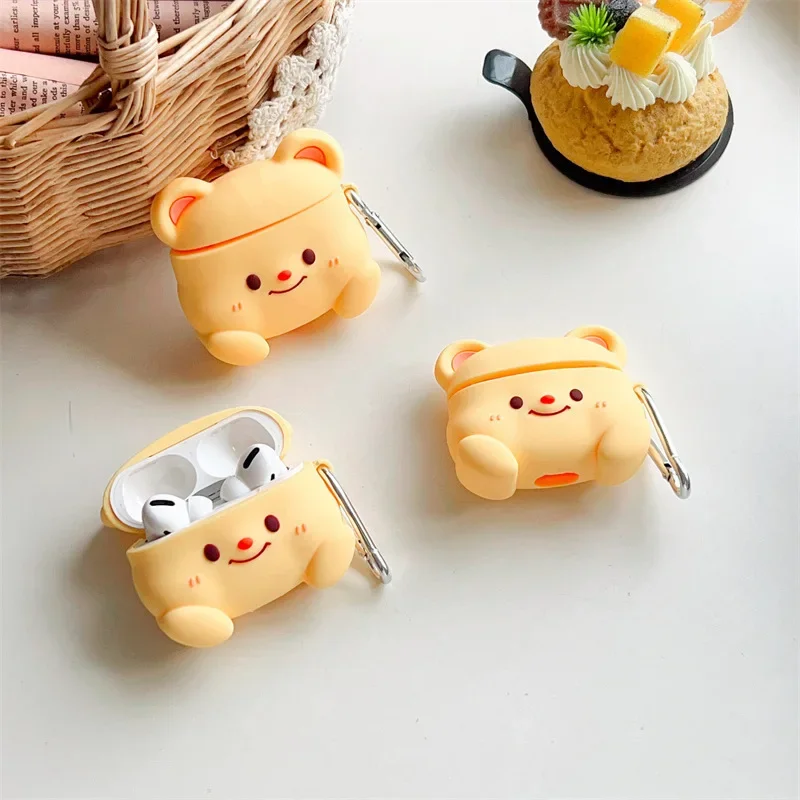 

Cartoon Bear Yellow Case for AirPods 4 Airpod 1 2 3 Pro Pro2 Bluetooth Earbuds Charging Box Protective Earphone Case Cover