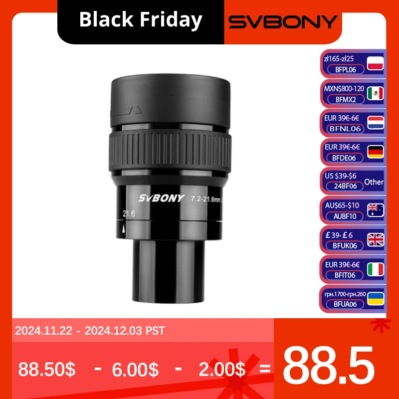 SVBONY SV191 1.25'' Zoom Telescope Eyepiece 7.2-21.6mm/9-27mm Super-Wide Angle Fully Multi-Coated Accepts 1.25