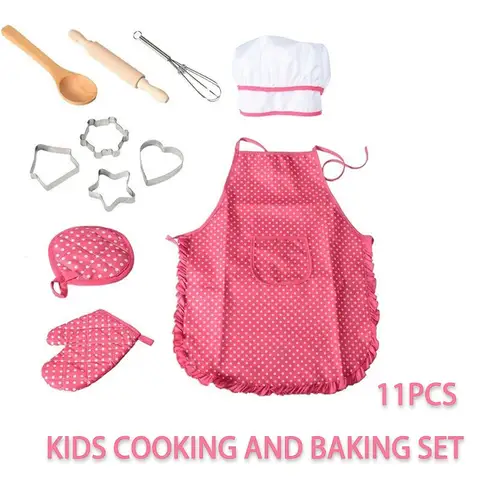 Ensemble de cuisine et de pâtisserie pour enfants, tablier pour filles, chapeau de chef, mitaine et ustensiles, cadeaux pour enfants de 3 à 10 ans, 11 pièces
