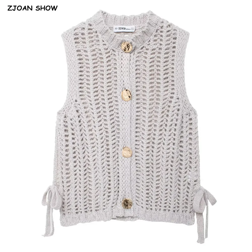 

2025 Retro Sweet Coarse Crochet Hollow Out Hole Sleeveless Cardigan Women Single-breasted Button Knitted Vest Sweater Waistcoat