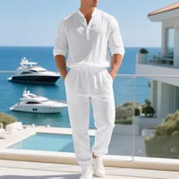 Conjunto de lino suelto americano para hombre, otoño, casa hawaiana, viajero, camisa fina Henry, conjunto de pantalones de manga larga