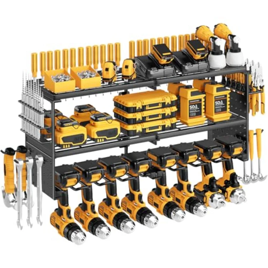 

Настенный органайзер для электроинструментов, выдерживающий нагрузку до 300 фунтов, 3-ярусная металлическая полка для инструментов с 8 держателями для дрелей, для гаража и мастерской