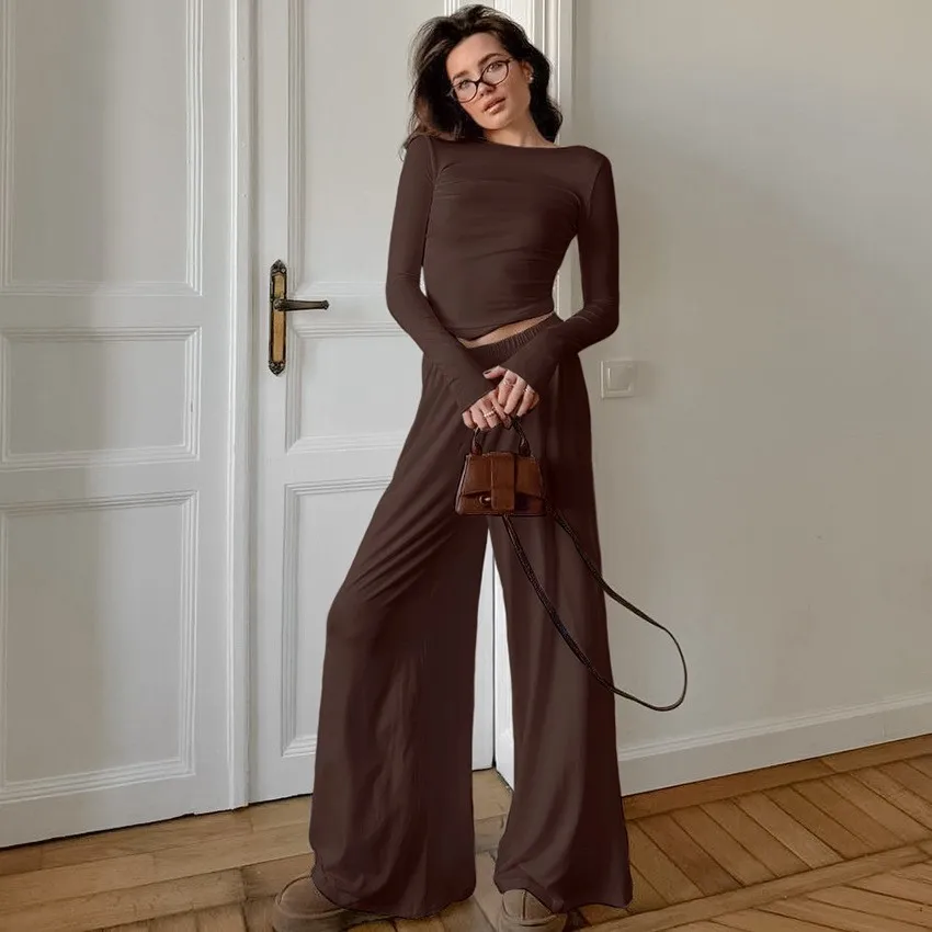 Pj Lounge Pyjamas Crop Top Wide Leg Pants Long Sleeve Full Length Sleepwear Set Solid Color High Waist Ruched Waist Two Piece