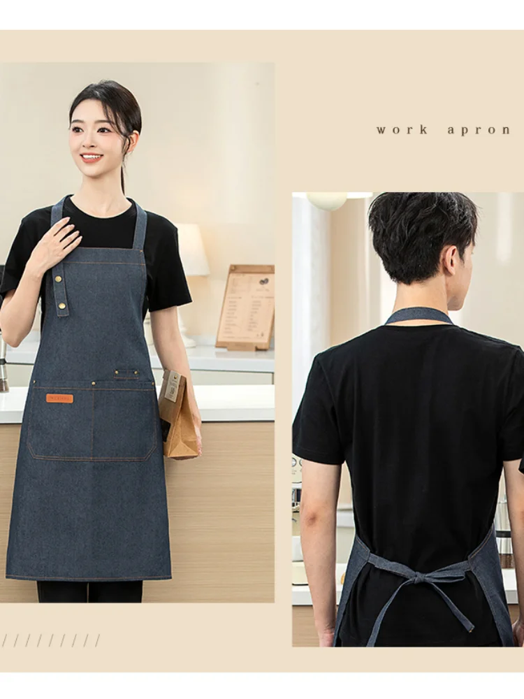 Durable Denim Hanging Neck Chef Apron for Dining West Restaurant Coffee Master Milk Tea Shop Supermarket Staff Uniform