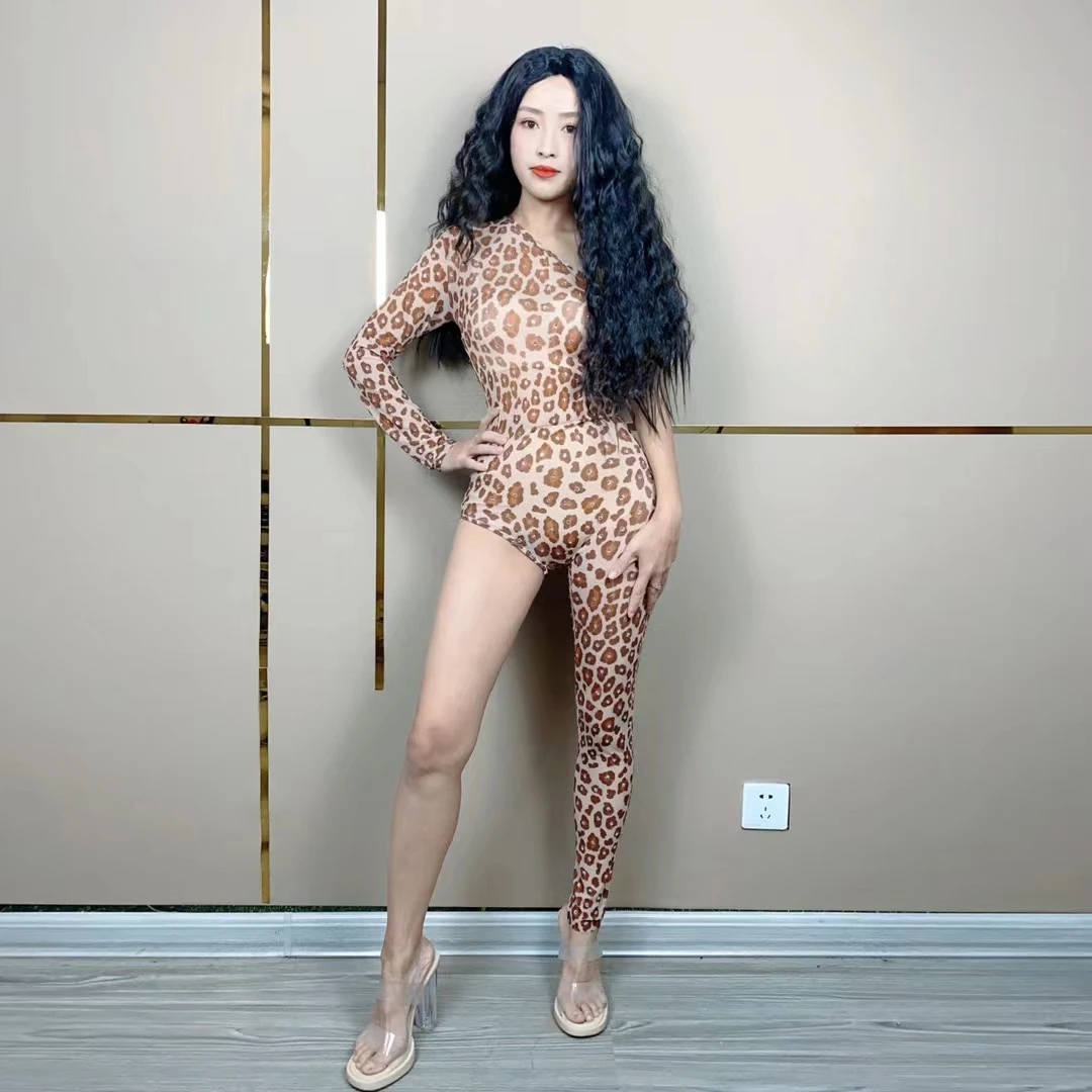 

Dutuibaowen Sexy Leopard Print Women Jumpsuit Irregular Slanted Shoulders One Leg Tight Pants Pole Dance Nightclub Dance Dress
