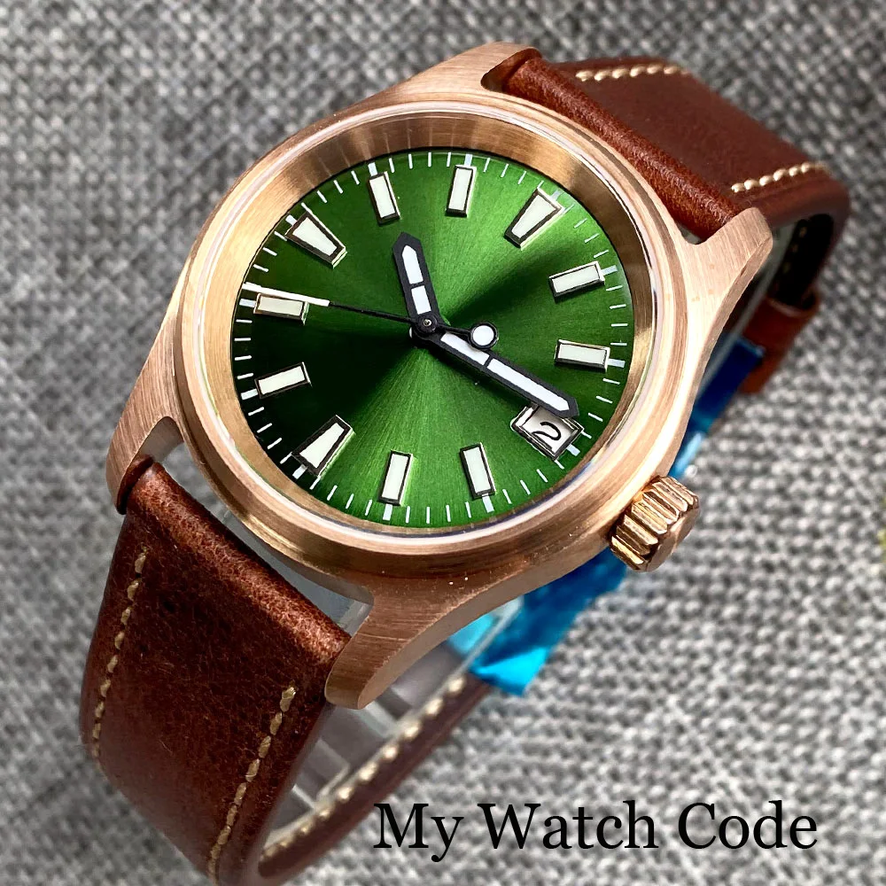 36mm Diving Pilot Real Bronze Mechanical Watch NH35A Movt Lady Men Wristwatch Sunburst Olive Green 20Bar Retro Vintage Clock