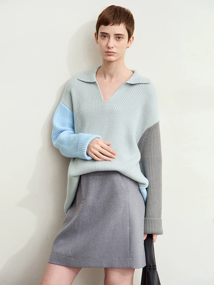 Amii zimowe ubrania damskie 2024 sweter z długim rękawem opadające ramiona dekolt w serek luźne dzianinowe topy Patchwork Office Lady swetry 12444193