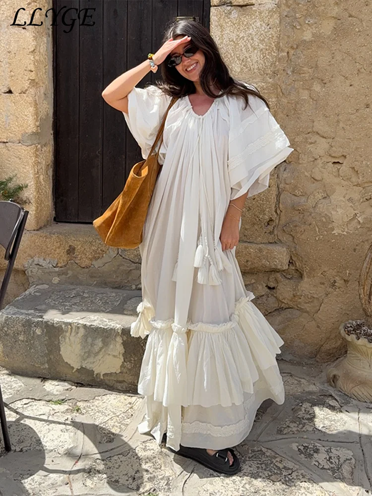 

Loose Ruffles Long Holiday Dress O-neck Half Sleeve Lace Up A-line Pleated Dresses 2025 Summer Lady Casual White Boho Robes