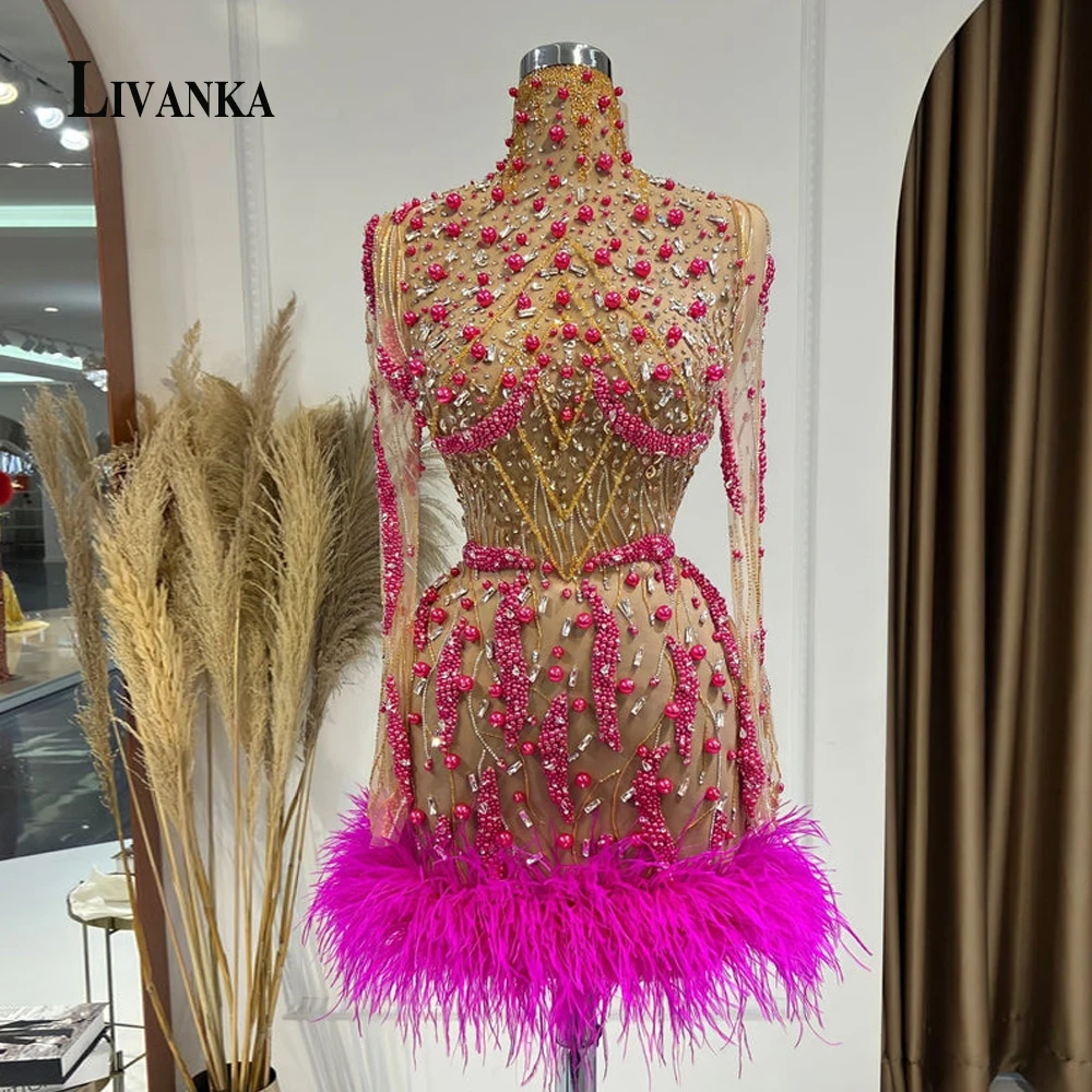 LIVANKA Attractive Bodycon Homecoming Dress for Teen Feather Beaded Rhinestonees Cocktail Party Gown Vestidos De Gala Customized