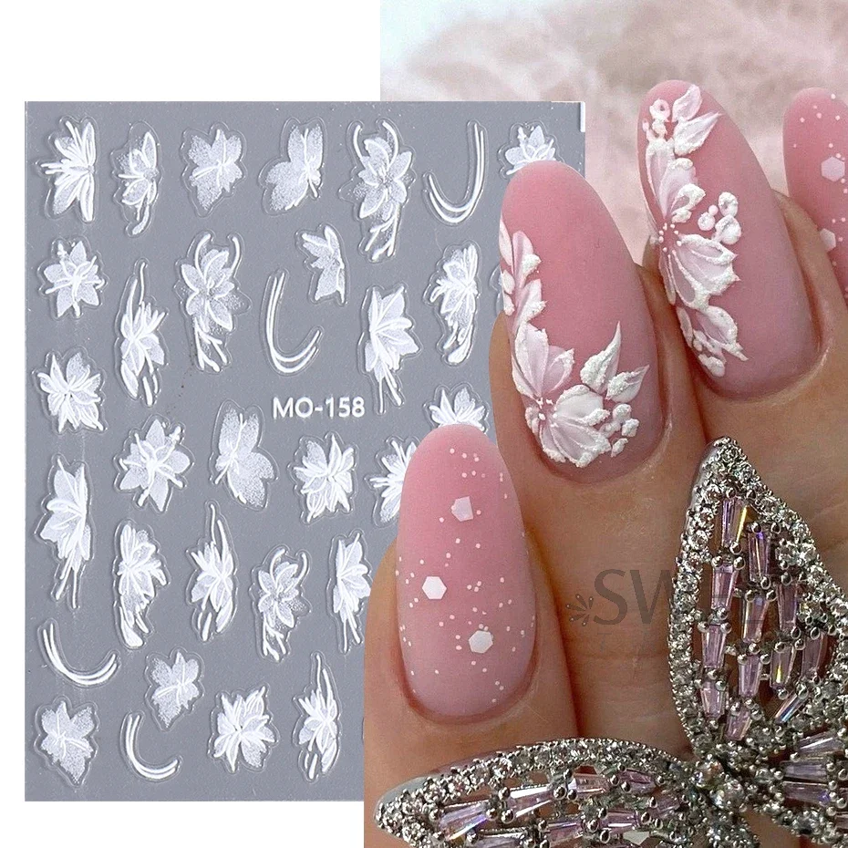 Acrylic White Floral Elegant Nail Sticker Geometry Flower Butterfly Lace Design Charm Wedding Decals Manicure Decoration Sliders