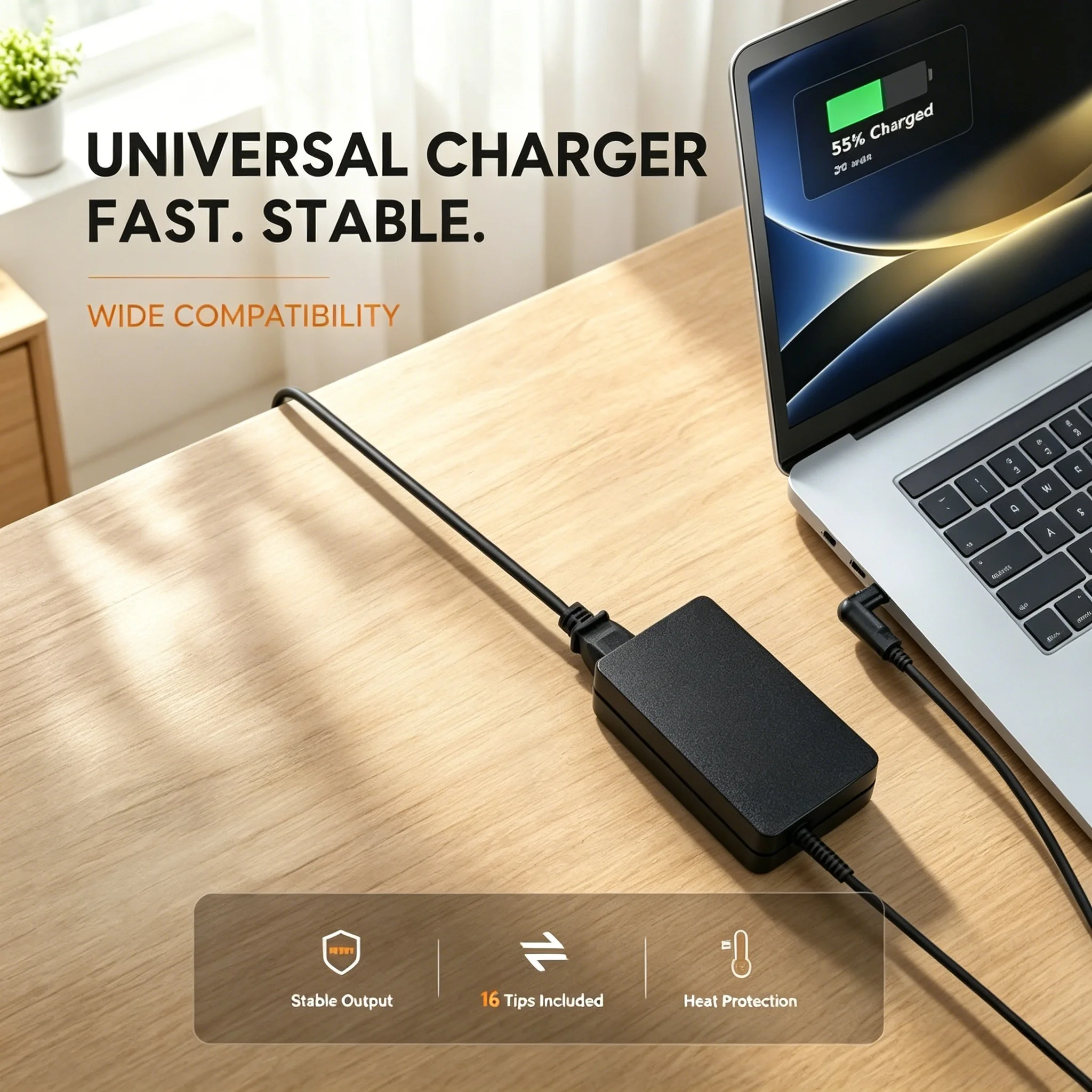 Universal Laptop Charger,Interchangeable 16 DC Tips + USB 2.4A Output,Multi‑Volt Power Adapter for HP Lenovo Acer Asus Samsung