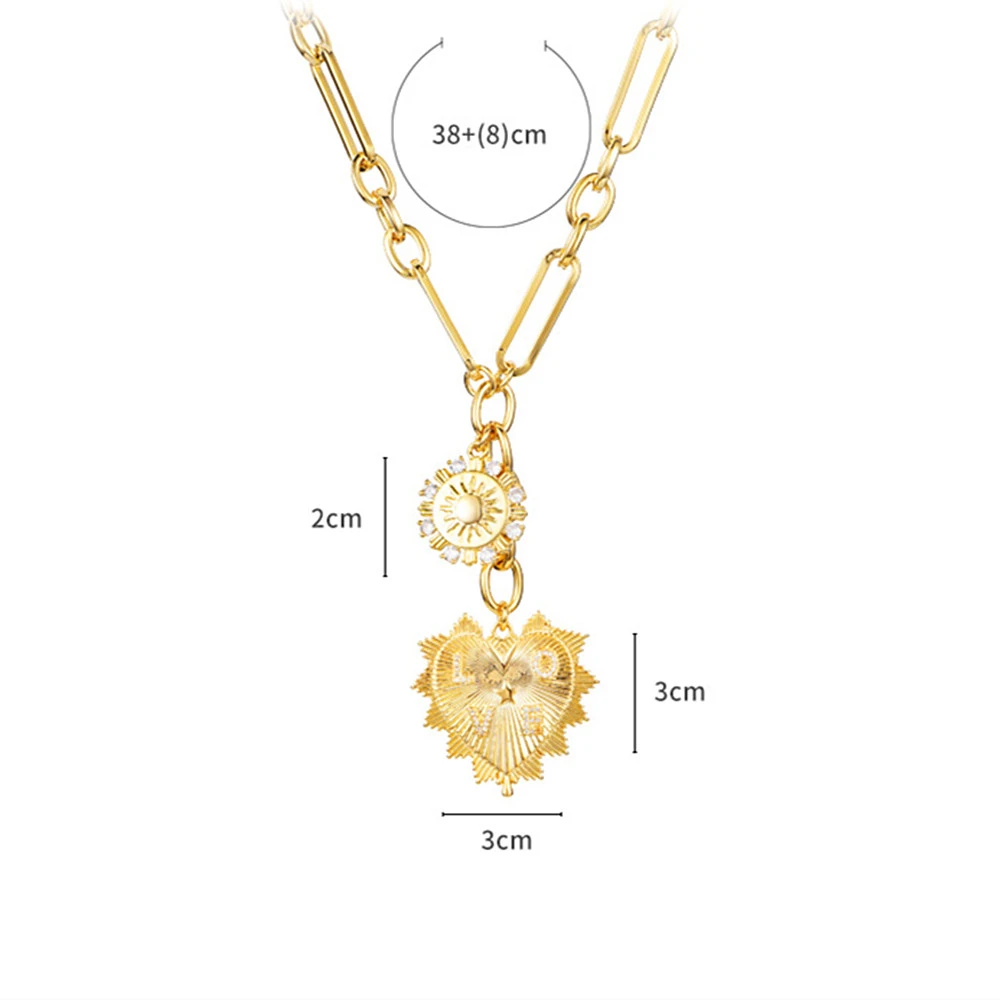 Heart Necklaces for Women Cubic Zirconia Sun Pendant Necklace Chunky Gold Plated Chain Aesthetic Jewelry Accessories Party Gift